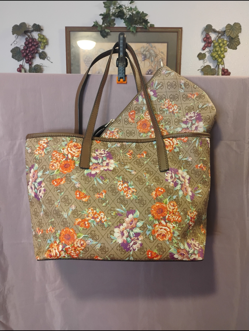 Floral Pattern Tote Bag in Brown with Matching Pouch